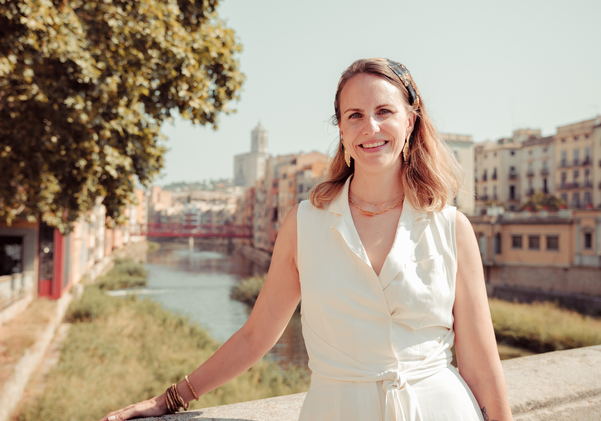 Emma Hopkinson-Spark on a bridge over the river Onyar in Girona, Spain
